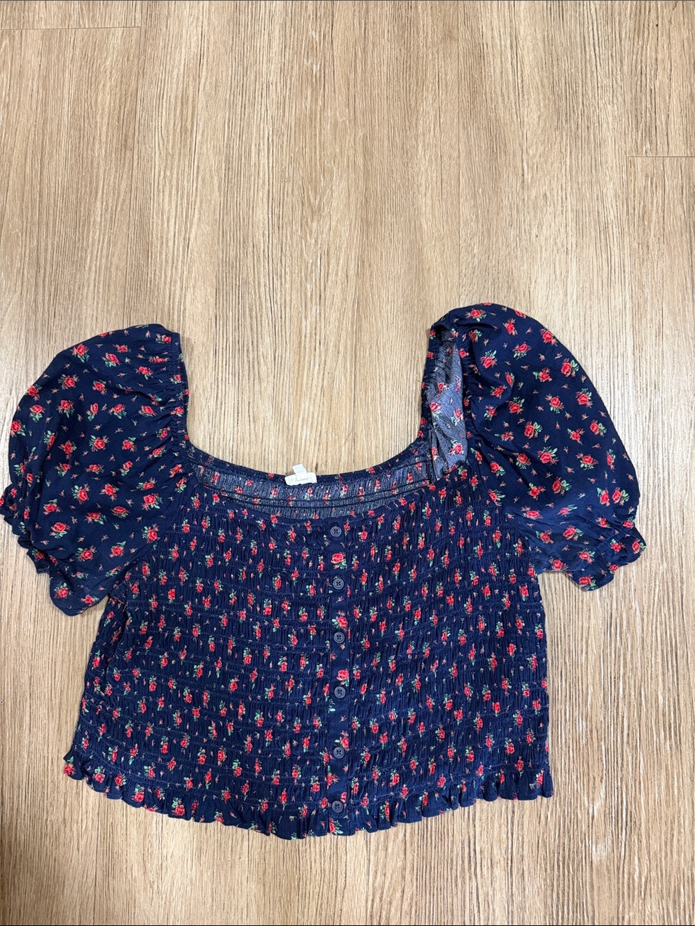 Aerie Smocked Navy Blue Floral Puff-Sleeve Crop Top XxL